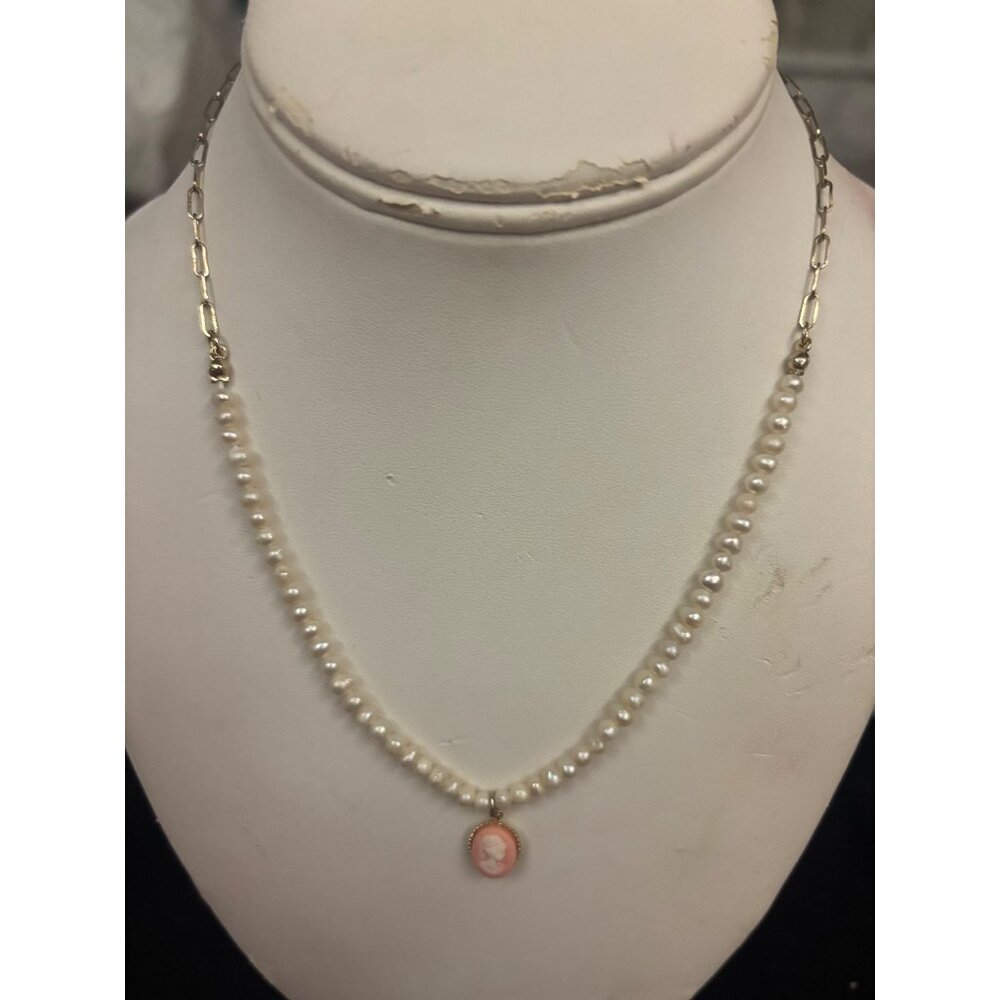 Vintage Freshwater Pearl Necklace Pink Shell Cameo Pendant Youth/Small Communion - Picture 4 of 16